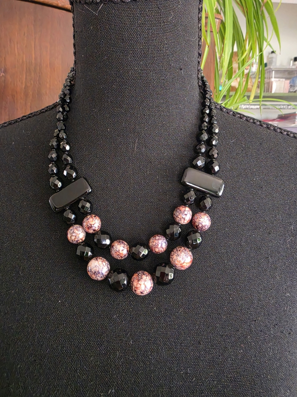 Two-Strand Black and Pink Beaded Necklace